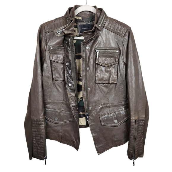 BCBGMaxAzria Olive 100% Leather Moto Biker Leather Jacket Women's Size Large - Picture 4 of 9